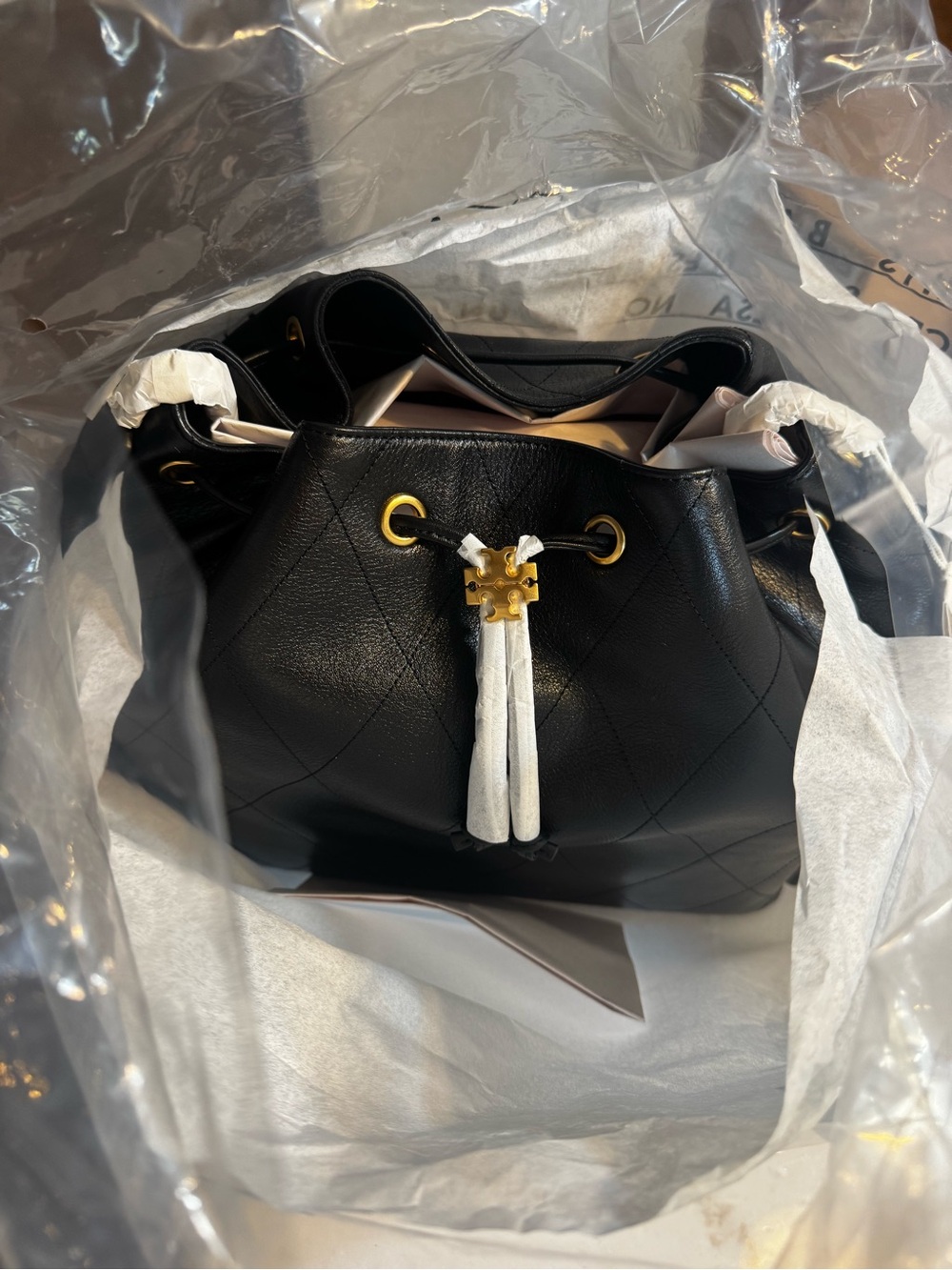 Tory Burch Large Black Quilted Charlie Leather Drawstring Bucket Bag
